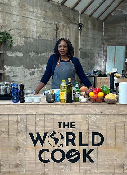 Racheal at her cooking station on The World Cook